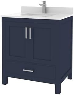 Navy Blue 30-Inch Bathroom Vanity Set with White Quartz Counter Ceramic Sink