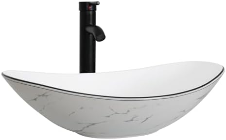 Sleek White Marble Vessel Sink with Black Faucet and Pop Up Drain Set