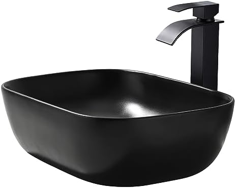 Modern Black Vessel Sink with Waterfall Faucet Durable Bathroom Sink