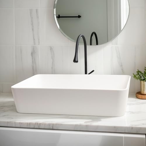 Lonuebu Modern White Rectangle Vessel Sink with Art Faucet and Drain