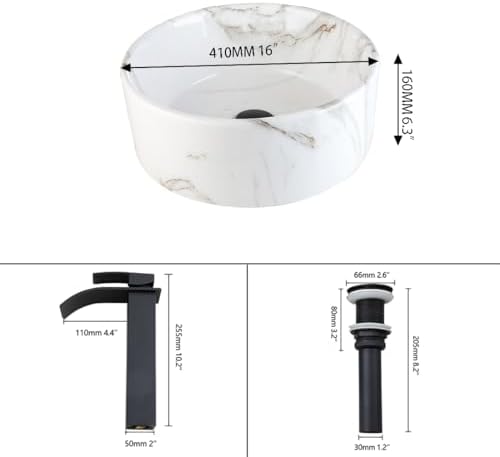 MEKKHALVessel Sink Ceramic Bathroom Sink Black Faucet White Marble Design Above Counter Install