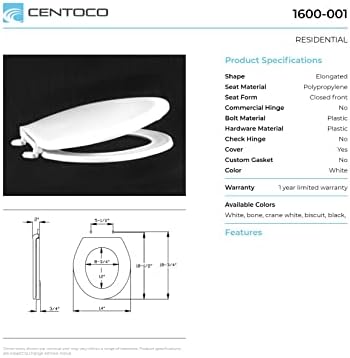 Centoco 1600-416 Elongated Toilet Seat Biscuit - DurableSturdy Low Profile Toilet Seat