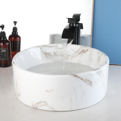 MEKKHALVessel Sink Ceramic Bathroom Sink Black Faucet White Marble Design Above Counter Install