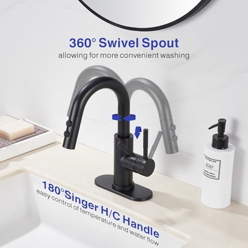 Easy bathroom sink faucet with pull down sprayer matte black single handle Kabble