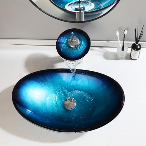 Vessel Sink Blue Glass Oval Bathroom Sink
