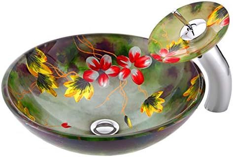 Sturdy tempered glass vessel sink with waterfall faucet combo