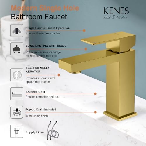 Kenes Brass Bathroom Faucet Modern Single Hole Sink Faucet with Pop Up Drain