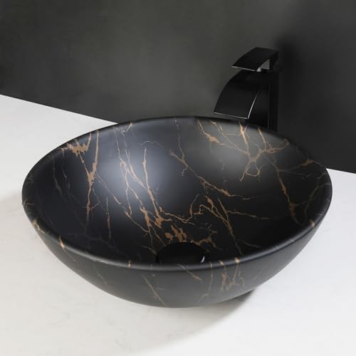 Focitland Modern Black Ceramic Vessel Sink With Waterfall Faucet