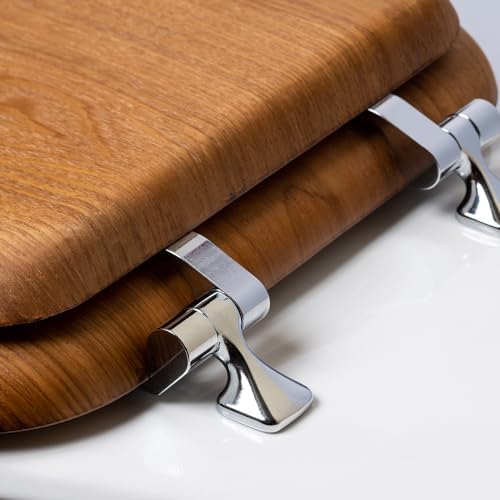 Bemis Mayfair Natural Oak Veneer Toilet Seat with Chrome Hinges Round Wood