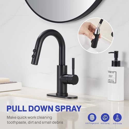 Easy bathroom sink faucet with pull down sprayer matte black single handle Kabble