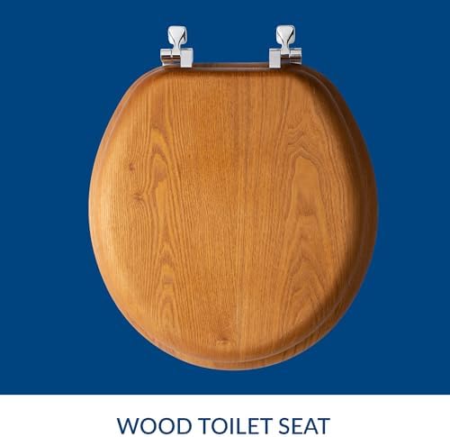 Bemis Mayfair Natural Oak Veneer Toilet Seat with Chrome Hinges Round Wood