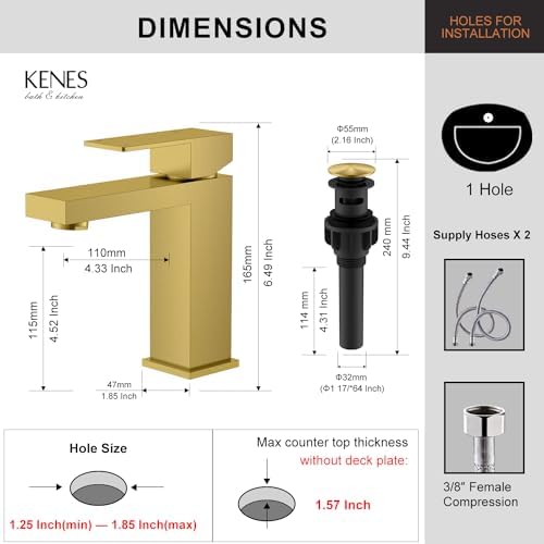 Kenes Brass Bathroom Faucet Modern Single Hole Sink Faucet with Pop Up Drain
