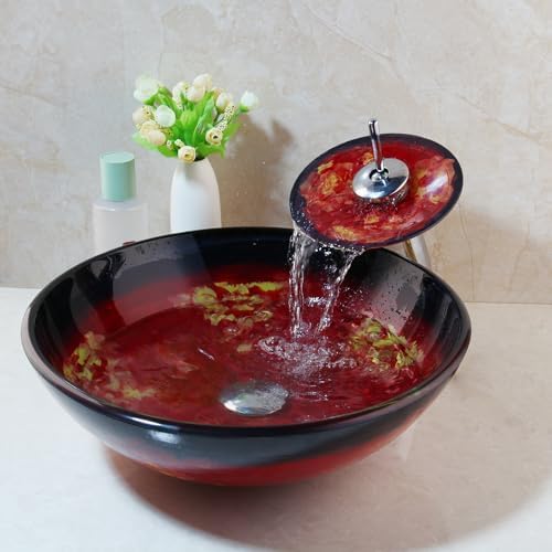 HM HomeMieco Tempered Glass Vessel Bathroom Round Basin Sink BowlWaterfall Faucet Combo Set
