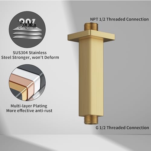 High-Quality Brushed Gold Square Shower Arm
