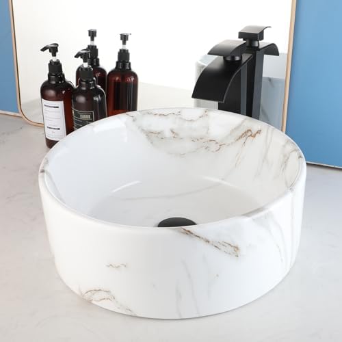 MEKKHALVessel Sink Ceramic Bathroom Sink Black Faucet White Marble Design Above Counter Install