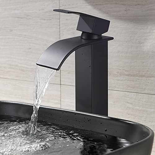 Modern Black Vessel Sink with Waterfall Faucet Durable Bathroom Sink