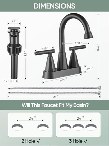 Premium 3-Hole Bathroom Faucet Black Matte Finish 4 Inch