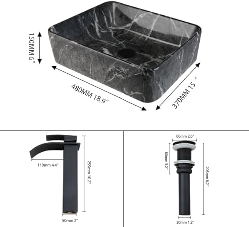 Black Marble Vessel Sink for Bathrooms