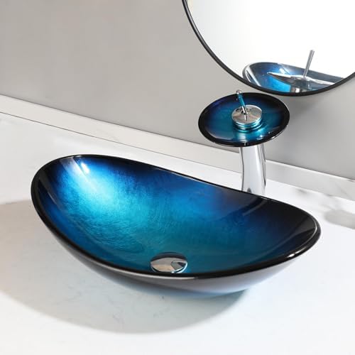 Vessel Sink Blue Glass Oval Bathroom Sink