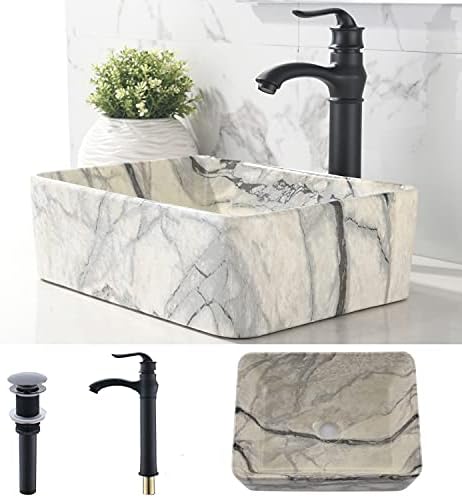 16-inch Black and White Marble Vessel Sink with Faucet Combo
