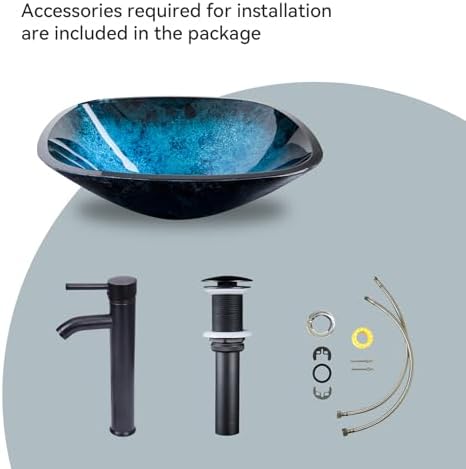Ultraclear Blue Tempered Glass Vessel Sink with Faucet and Drain for Bath