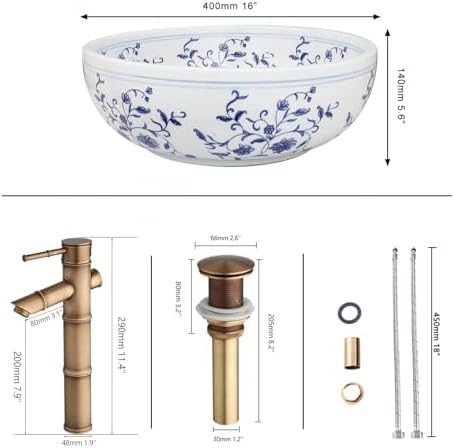 Lonuebu Blue White Vessel Sink Faucet Drain Combo