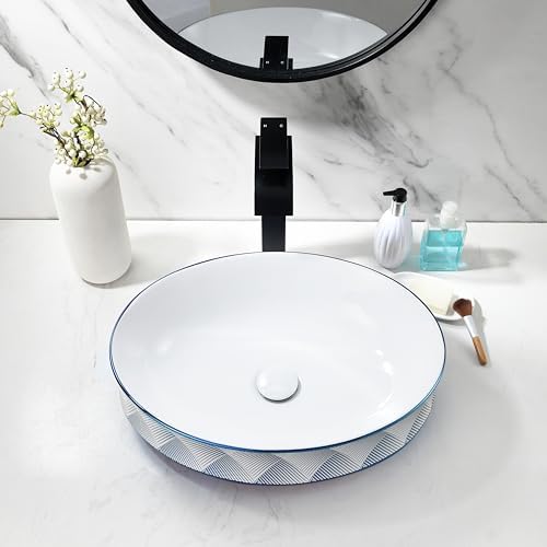 HLBLFY 19x15 Inch Blue Diamond Grid Pattern Ceramic Bathroom Basin With Faucet