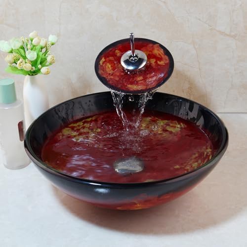 HM HomeMieco Tempered Glass Vessel Bathroom Round Basin Sink BowlWaterfall Faucet Combo Set