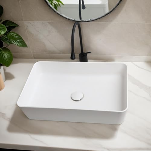 Lonuebu Modern White Rectangle Vessel Sink with Art Faucet and Drain