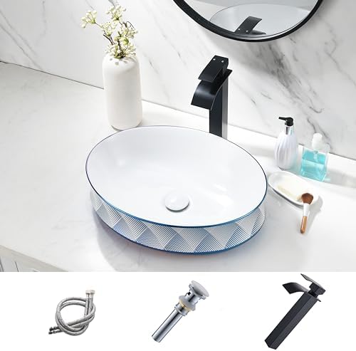 HLBLFY 19x15 Inch Blue Diamond Grid Pattern Ceramic Bathroom Basin With Faucet
