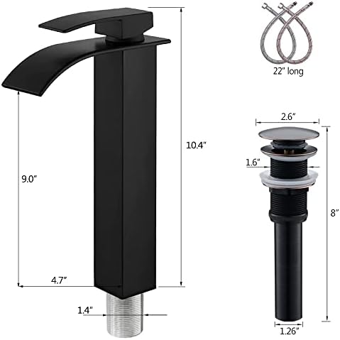 Modern Black Vessel Sink with Waterfall Faucet Durable Bathroom Sink