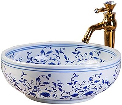 Handmade Ceramics Vessel Sink Blue and White Design Detachable Above Counter