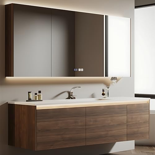 Modern Solid Wood Bathroom Vanity with LED Mirror and 2 Drawers