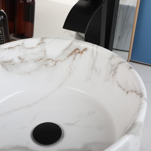 MEKKHALVessel Sink Ceramic Bathroom Sink Black Faucet White Marble Design Above Counter Install