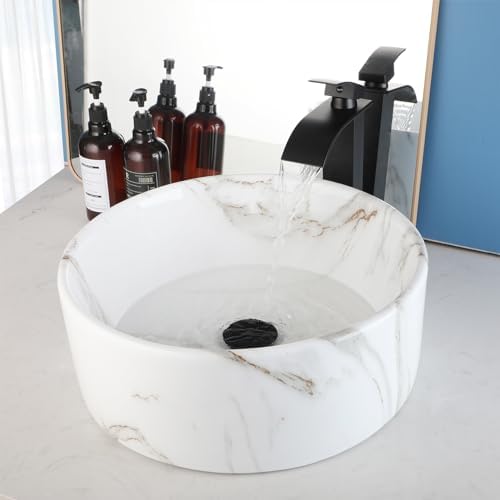 MEKKHALVessel Sink Ceramic Bathroom Sink Black Faucet White Marble Design Above Counter Install