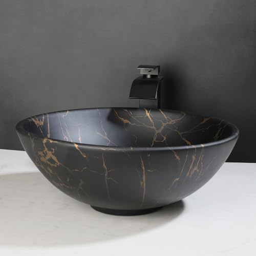 Focitland Modern Black Ceramic Vessel Sink With Waterfall Faucet