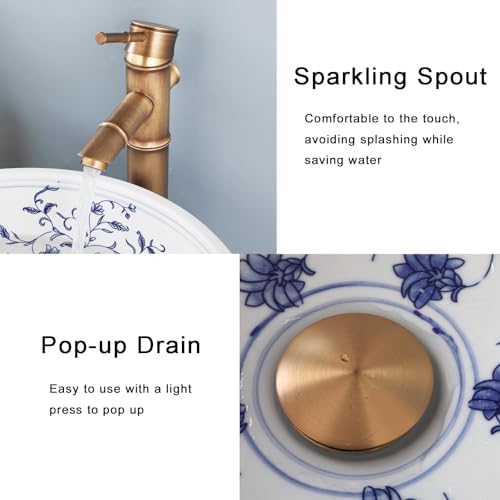 Lonuebu Blue White Vessel Sink Faucet Drain Combo
