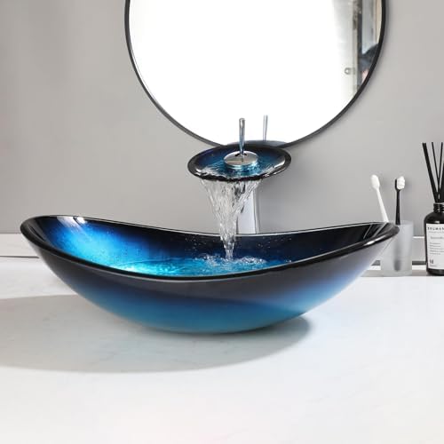 Vessel Sink Blue Glass Oval Bathroom Sink