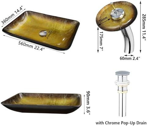 22-Inch Gold Artistic Glass Vessel Sink with Waterfall Faucet