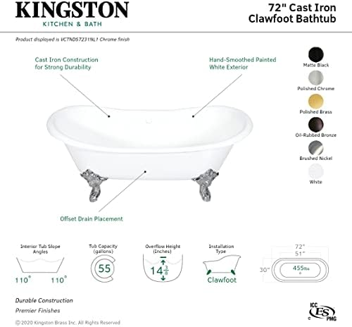 Kingston Brass 72625-Inch Clawfoot Bath Gloss White Enamel Finish 55 Gallon Capacity
