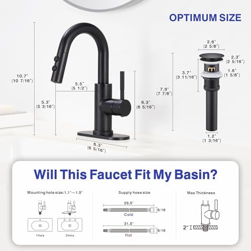 Easy bathroom sink faucet with pull down sprayer matte black single handle Kabble