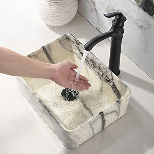16-inch Black and White Marble Vessel Sink with Faucet Combo
