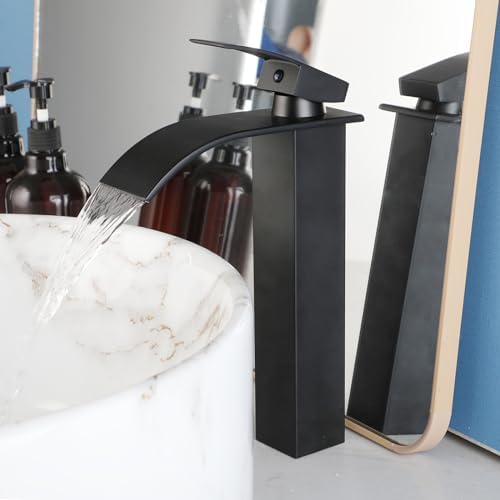 MEKKHALVessel Sink Ceramic Bathroom Sink Black Faucet White Marble Design Above Counter Install