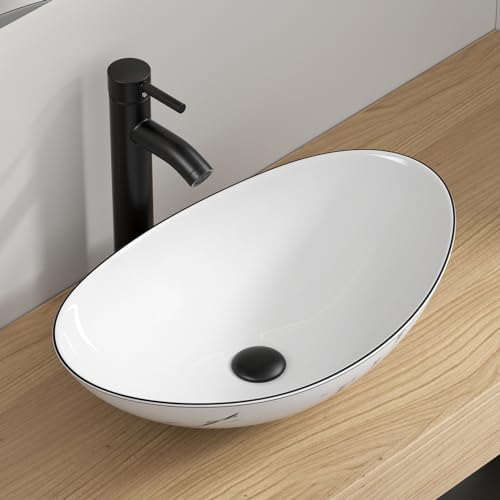 Sleek White Marble Vessel Sink with Black Faucet and Pop Up Drain Set