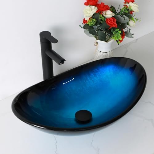 Lofeyo tempered glass blue vessel sink 21 x 6