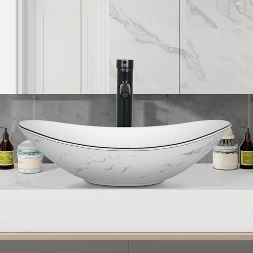 Sleek White Marble Vessel Sink with Black Faucet and Pop Up Drain Set