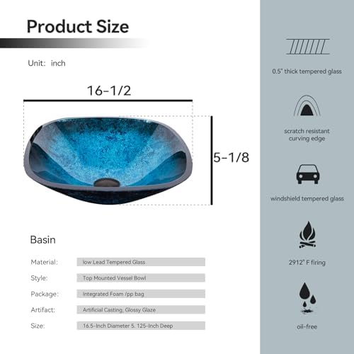 Ultraclear Blue Tempered Glass Vessel Sink with Faucet and Drain for Bath