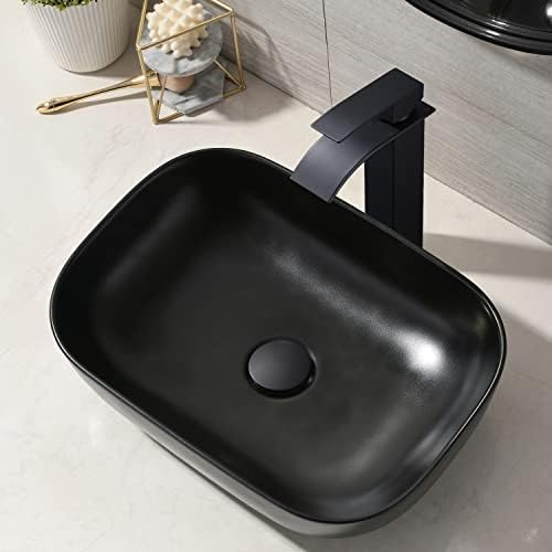 Modern Black Vessel Sink with Waterfall Faucet Durable Bathroom Sink