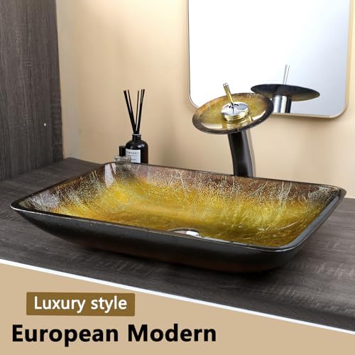 22-Inch Gold Artistic Glass Vessel Sink with Waterfall Faucet