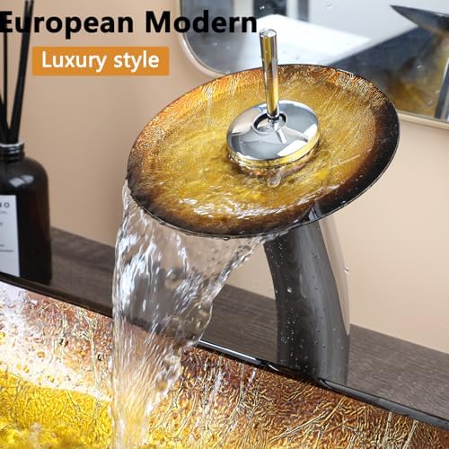 22-Inch Gold Artistic Glass Vessel Sink with Waterfall Faucet
